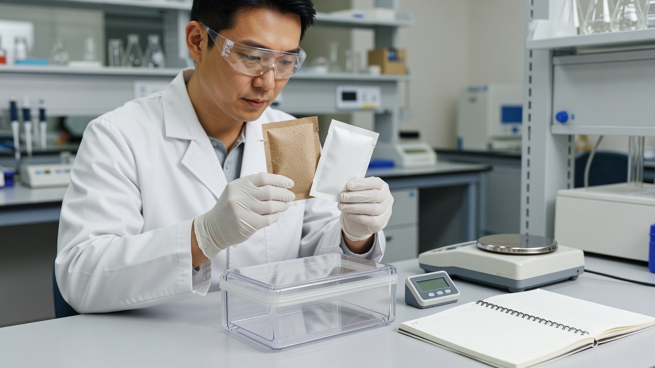 Packaging laboratory comparing paper-style and conventional desiccant sachets