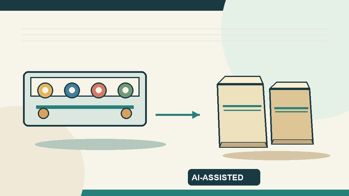 AI-assisted code-drawn concept of paper sacks, printing and warehousing; not a photograph of Pope's plant or a production chart