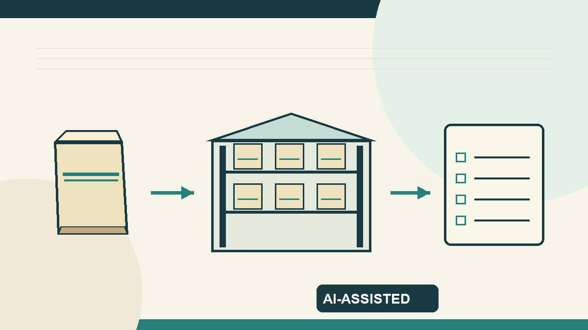 AI-assisted code-drawn concept of separate order, approved-stock and dispatch records; not actual Pope order data