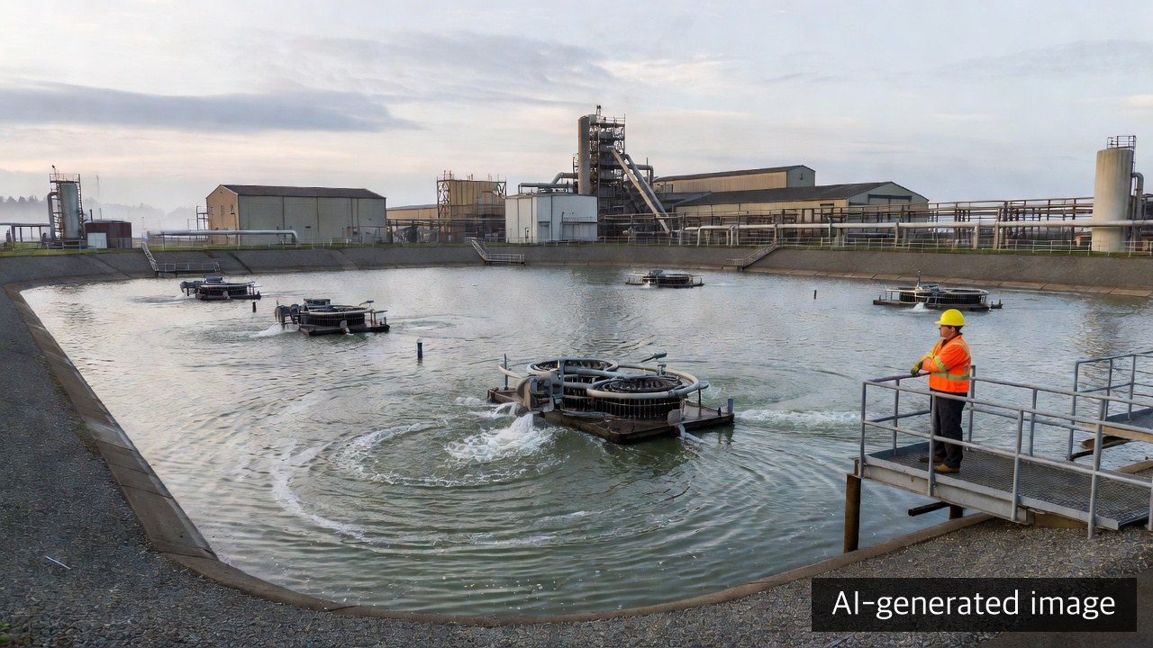 Operator reviewing working surface aerators at a paper mill wastewater basin