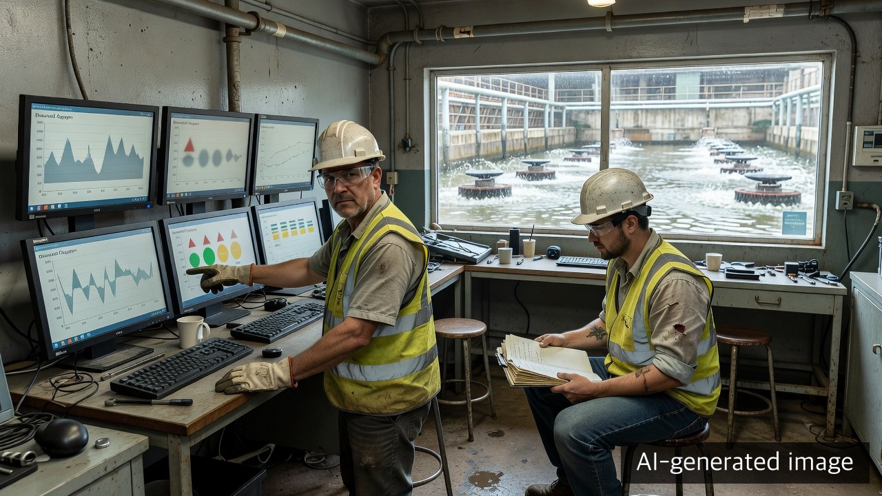 Operators reviewing aeration equipment and records in a paper-mill wastewater control room