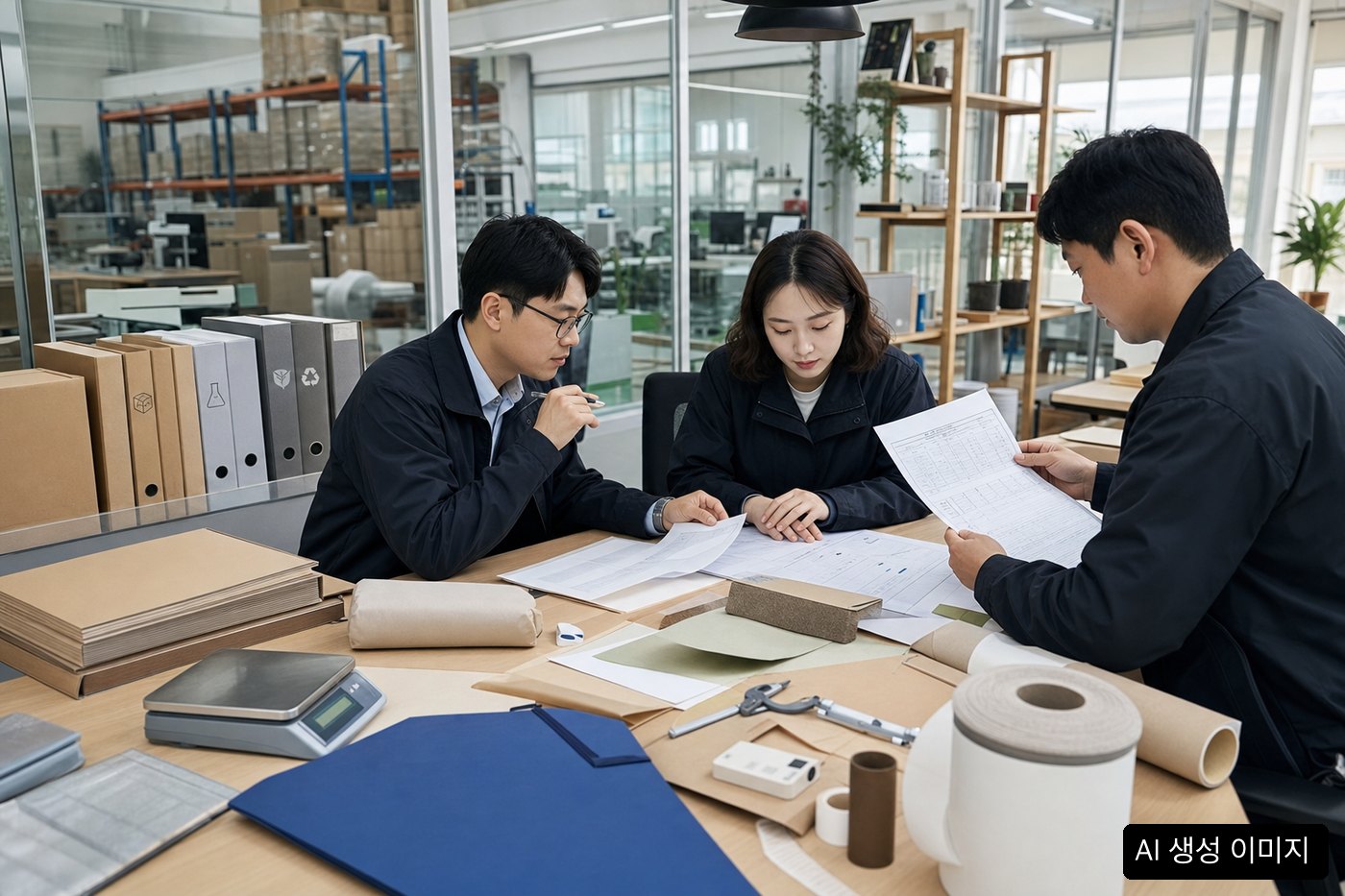 PPWR 표준화 대응을 위해 포장재 시험 자료와 문서를 검토하는 장면