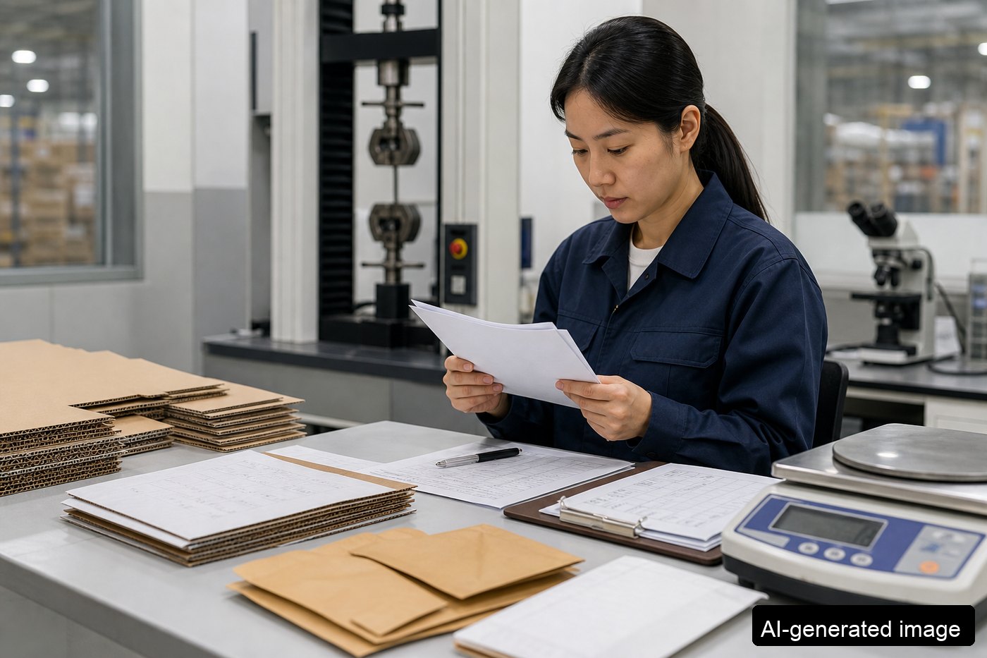 Packaging regulation documents and test records on an industrial desk