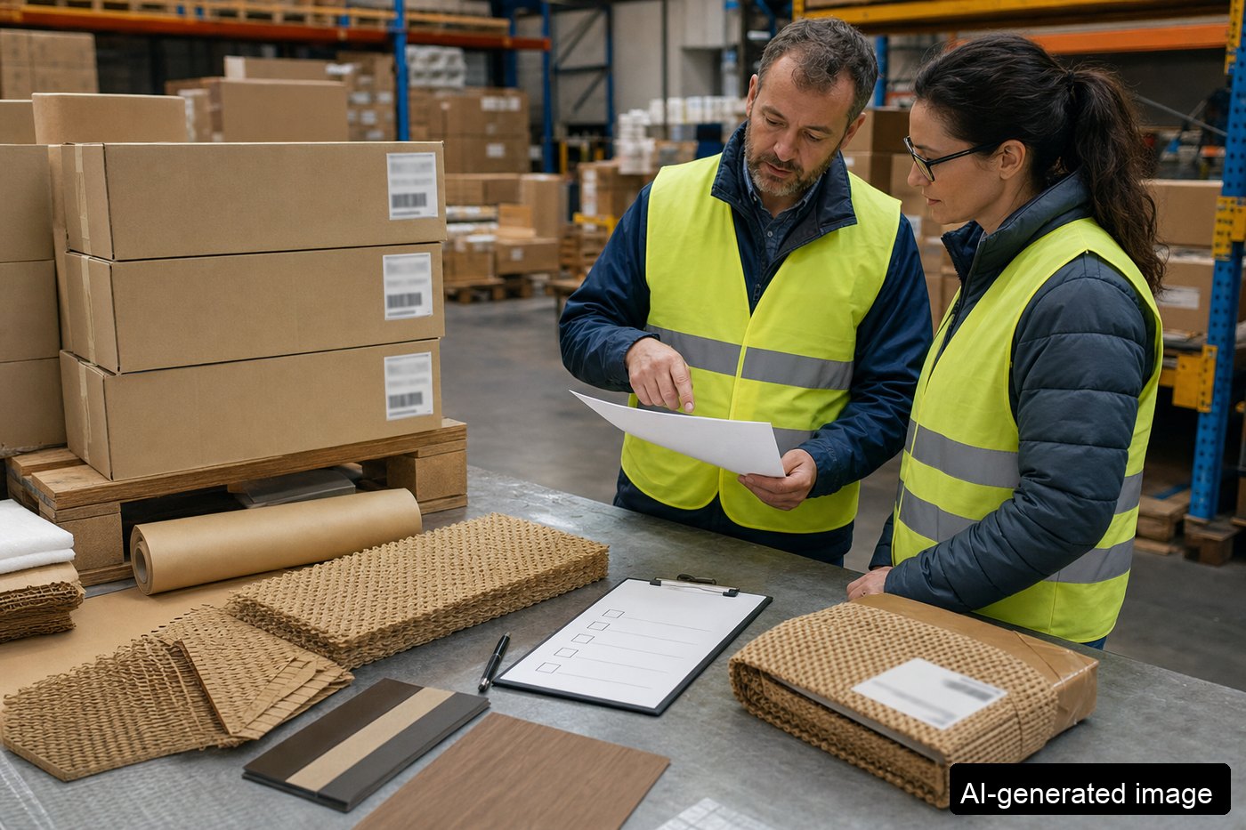 Packaging laboratory with paper packaging samples and test documents