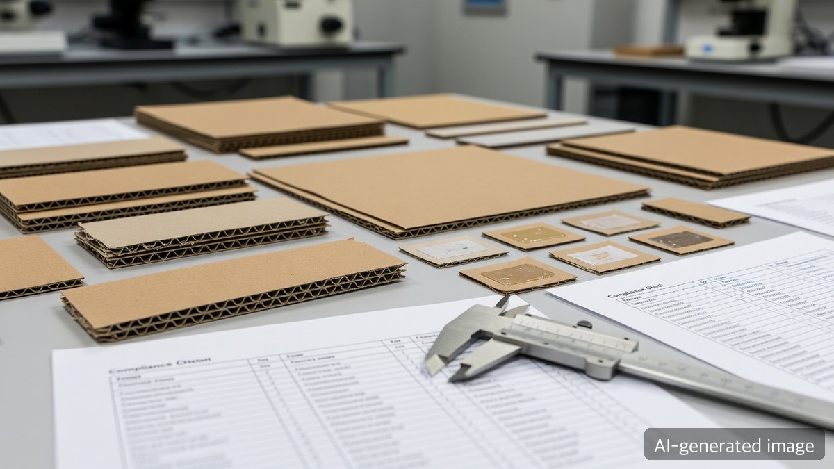 Quality team reviewing paper packaging specifications and regulatory documentation