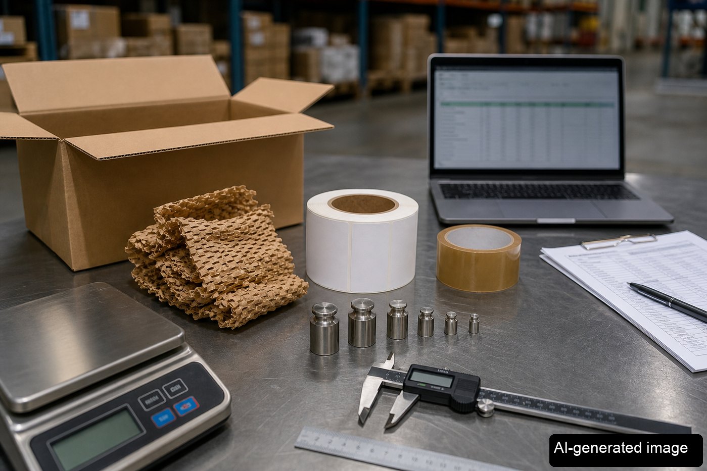 A workbench measuring packaging components by weight and material