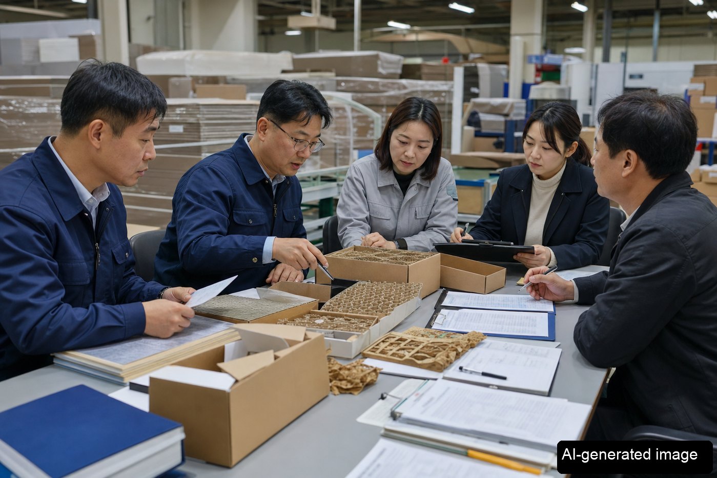 Procurement, quality, and logistics staff reviewing export packaging evidence files