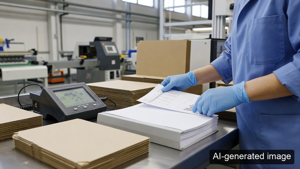 AI-generated editorial scene of a quality worker comparing corrugated packaging samples with documents
