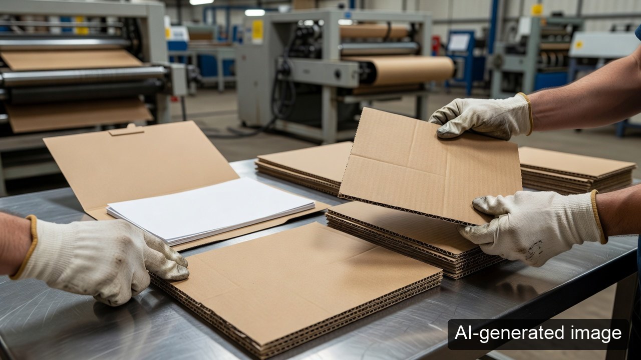 AI-generated illustrative scene of workers comparing corrugated-board construction with records.