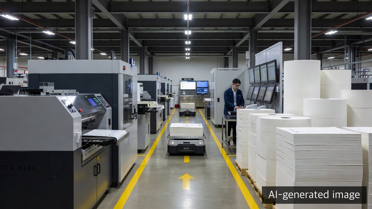 Illustrative smart printing plant operating digital presses and an autonomous guided vehicle