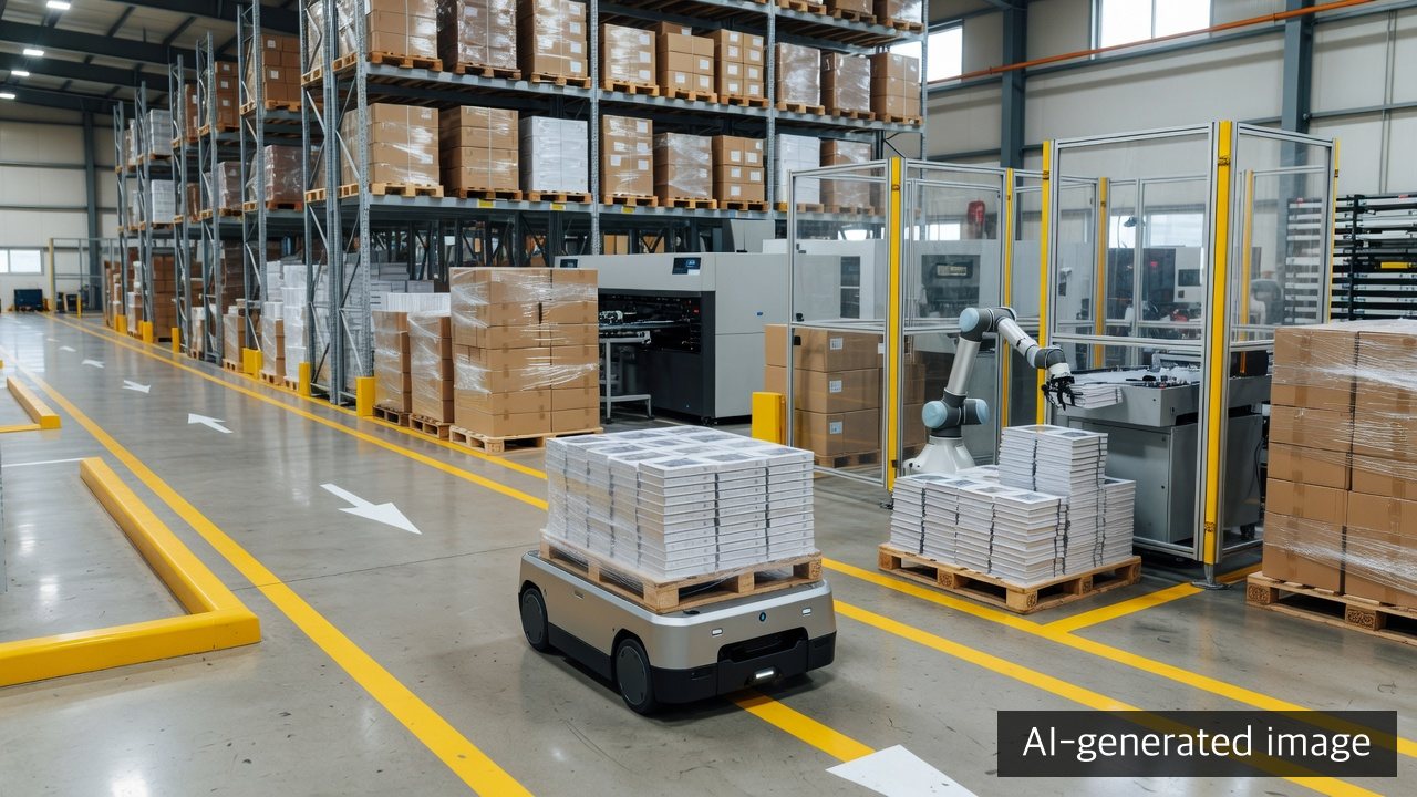 Illustrative print logistics operation separating an AGV route from a guarded collaborative-robot station