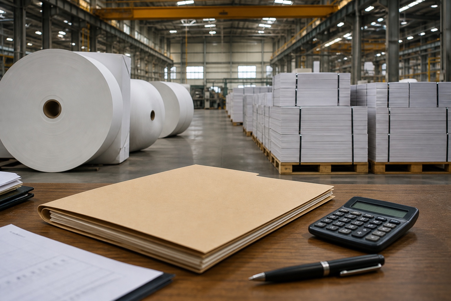 Printing-paper rolls beside enforcement and accounting records