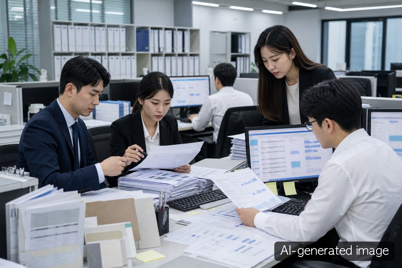 AI-generated image of procurement and legal teams reconciling printing-paper price notices with transaction evidence