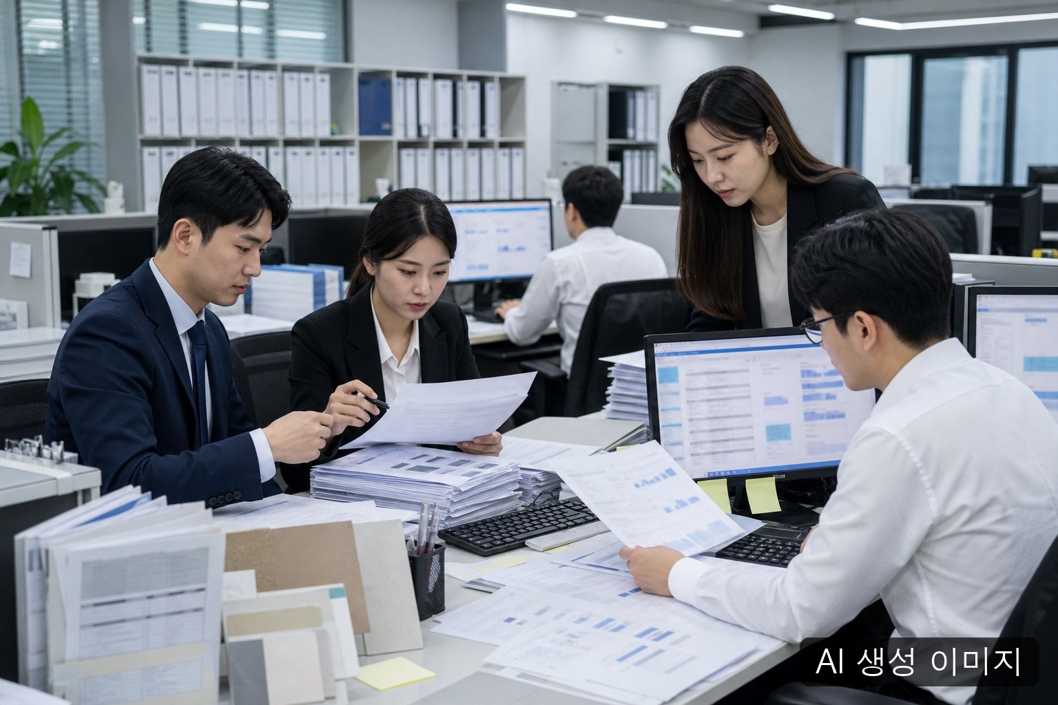 구매·법무 담당자가 인쇄용지 가격통지와 거래증빙을 대조하는 회의의 AI 생성 이미지