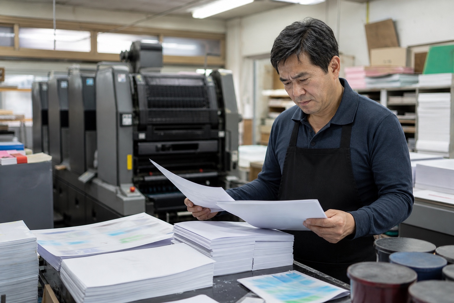 Small print-shop operator reviewing supplier records beside printing-paper inventory