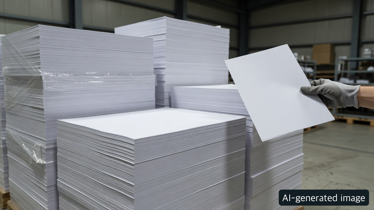 AI-generated concept of blank printing-paper stock in a warehouse; not a photograph of any named supplier or transaction