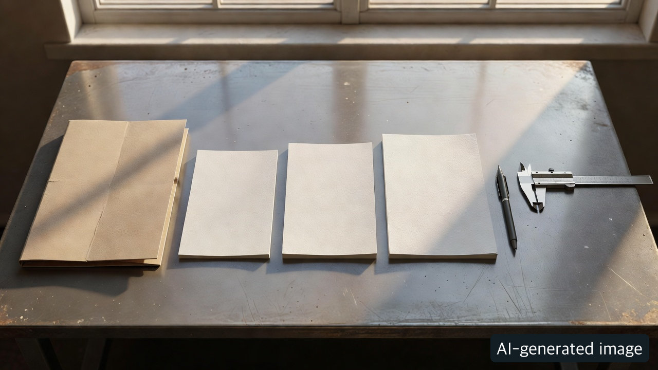 AI-generated concept of blank paper samples and measuring tools on a buyer&rsquo;s desk; not a real contract or measurement record