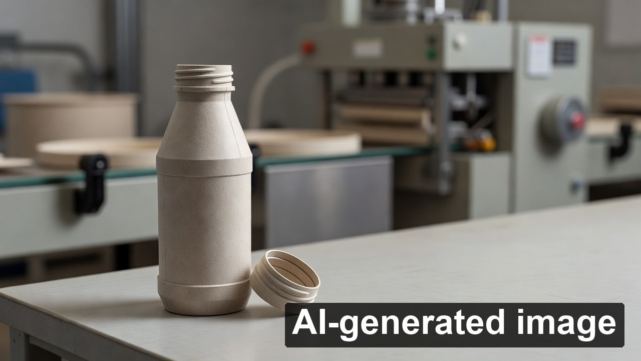 AI-generated conceptual molded-fiber bottle and cap; not a photograph of Pulpex's factory or a commercial product