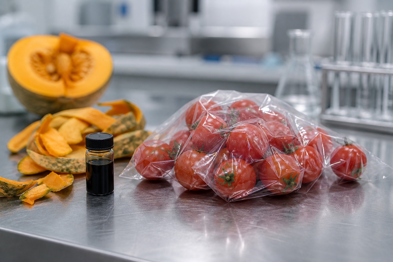 Cherry tomatoes in transparent active film beside a pumpkin-peel-derived CQD sample