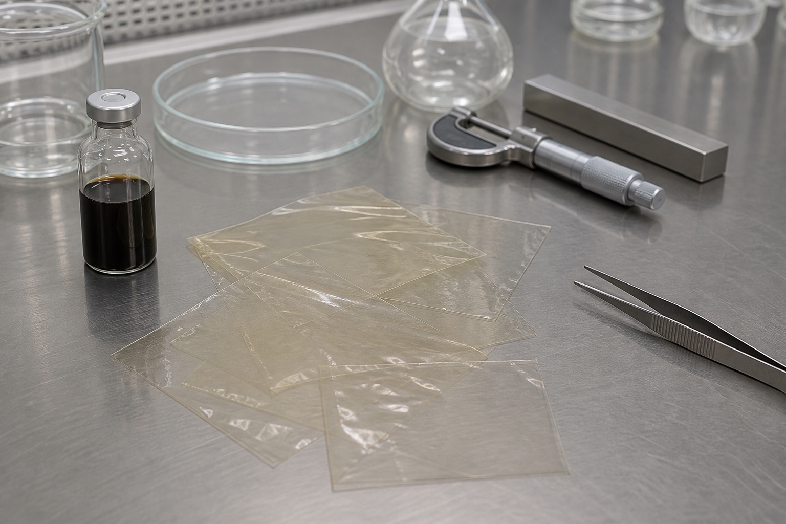 Unlabeled CQD dispersion and transparent CMC-gelatin film samples on a laboratory bench
