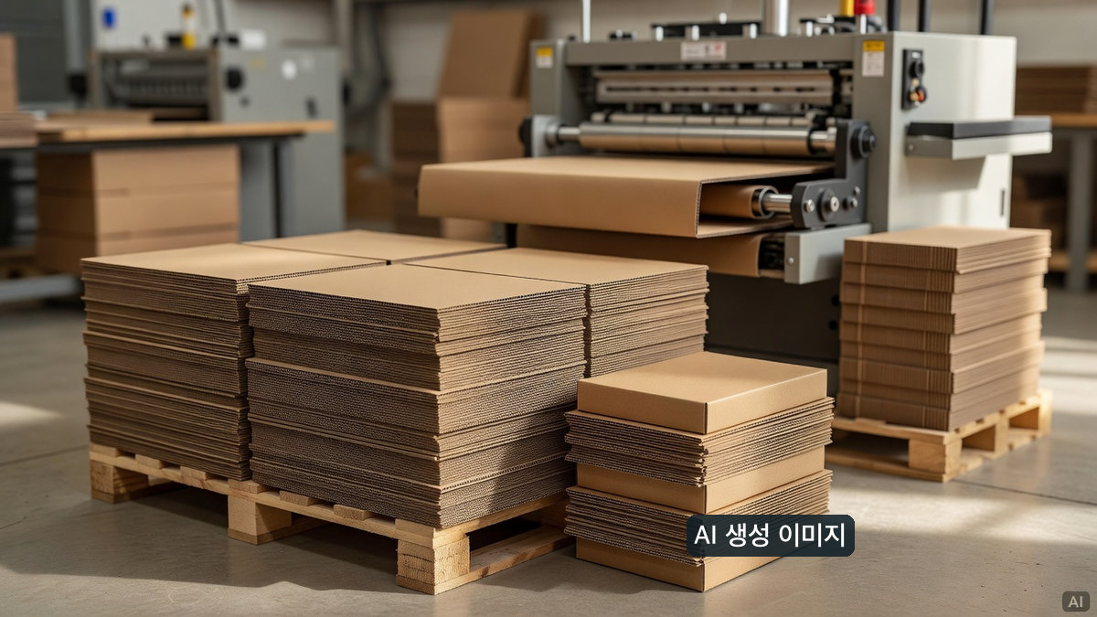 팔레트 위 골판지 원단 적재와 변환 작업장 전경을 보여주는 AI 생성 일반 개념 장면, 실제 QPI 시설이 아님