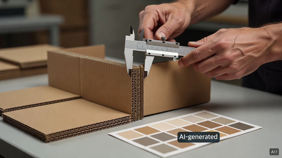 Generic AI-generated concept of a worker checking the edge of a corrugated carton sample with a caliper at an inspection table