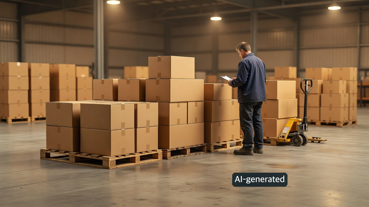 Generic AI-generated dispatch concept: unmarked corrugated cartons supported on pallets and a worker checking the load