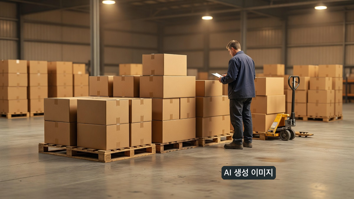 팔레트에 안정적으로 놓인 무지 골판지 상자를 작업자가 점검하는 AI 생성 일반 물류 개념 장면