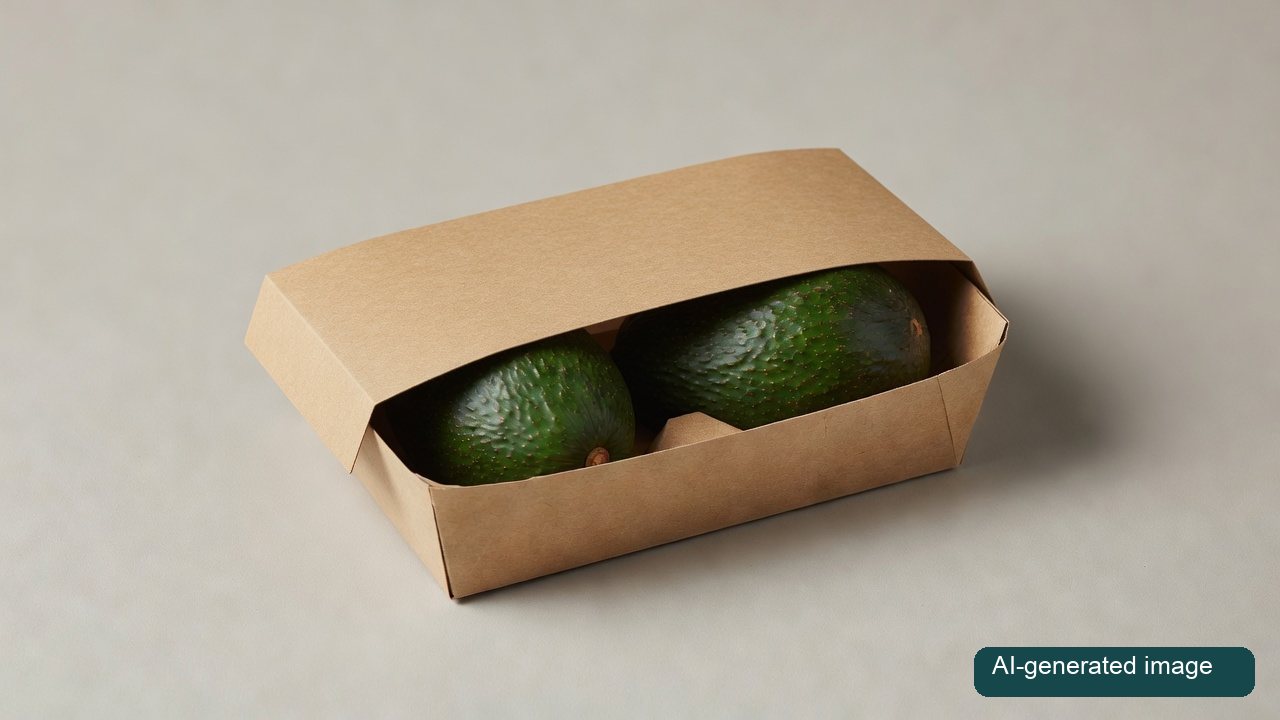 AI-assisted conceptual illustration of two avocados in a paperboard tray under a paper-like lid; not a photo of the Coop product