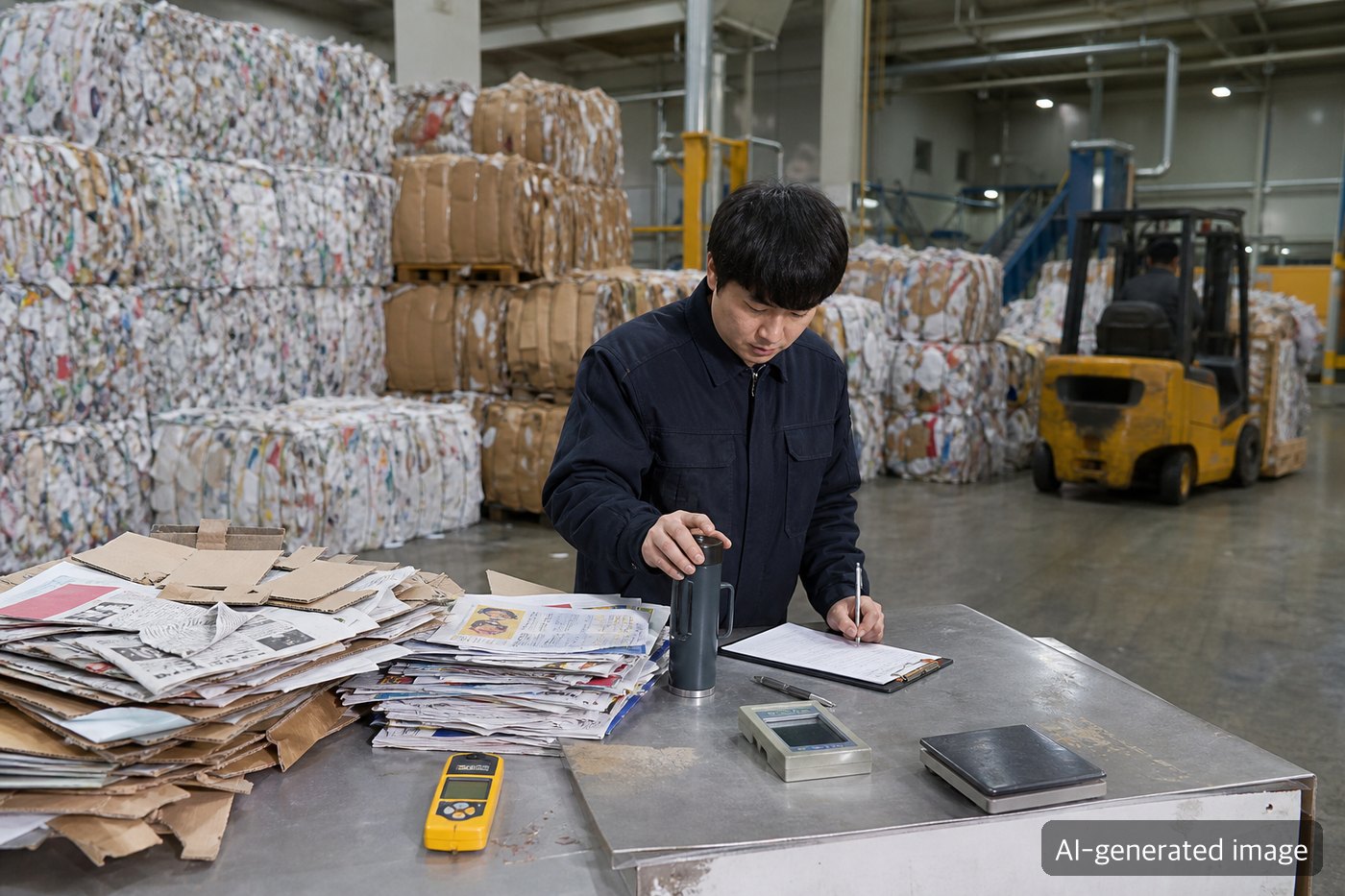 Paper and packaging procurement teams reviewing recovered paper bales, containerboard samples, and a cost risk table