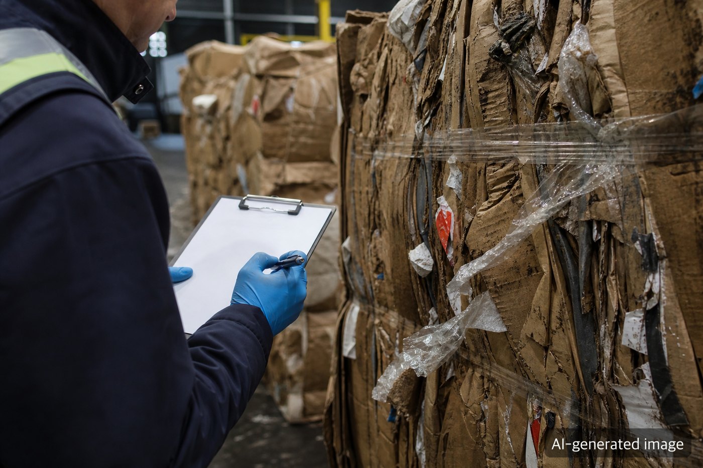 Packaging buyer reviewing a recovered paper price chart, box specification sheet, and supplier evaluation form