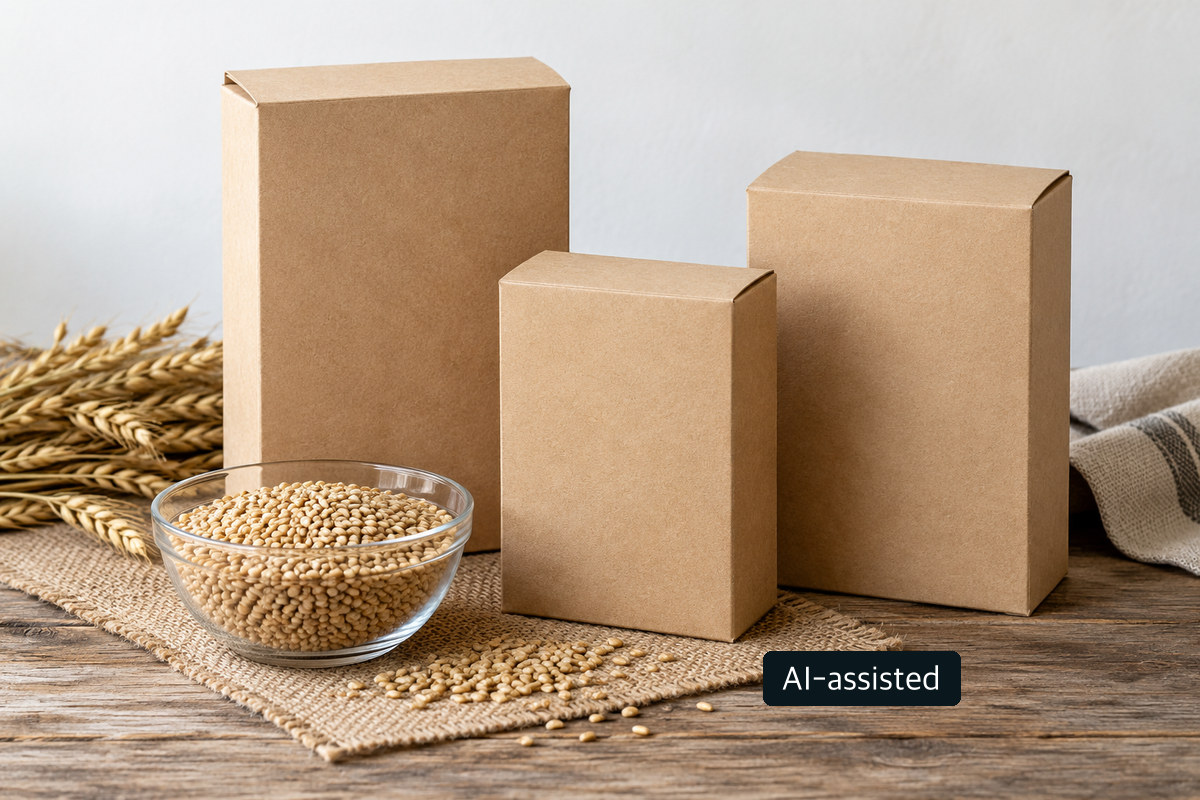 Unbranded folding cartons and grain arranged as a conceptual packaging scene
