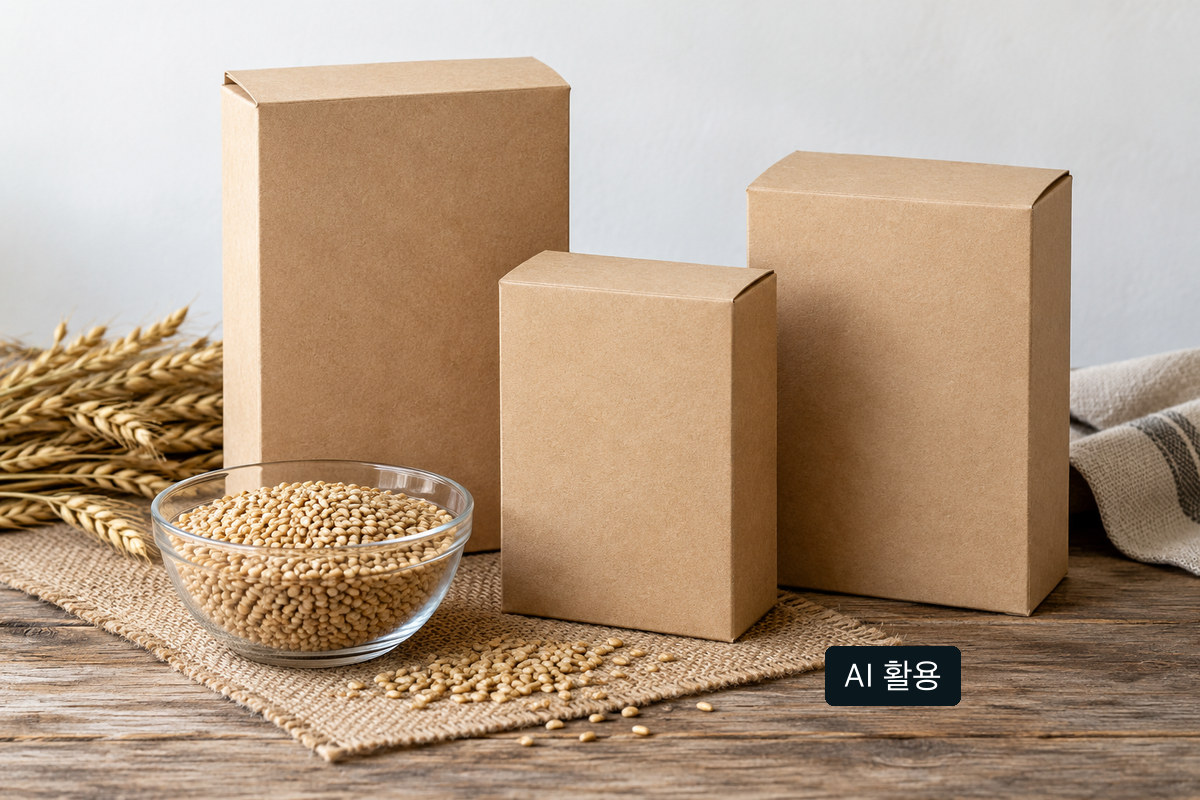 브랜드 없는 곡물 포장용 접이식 상자와 곡물을 놓은 개념 장면