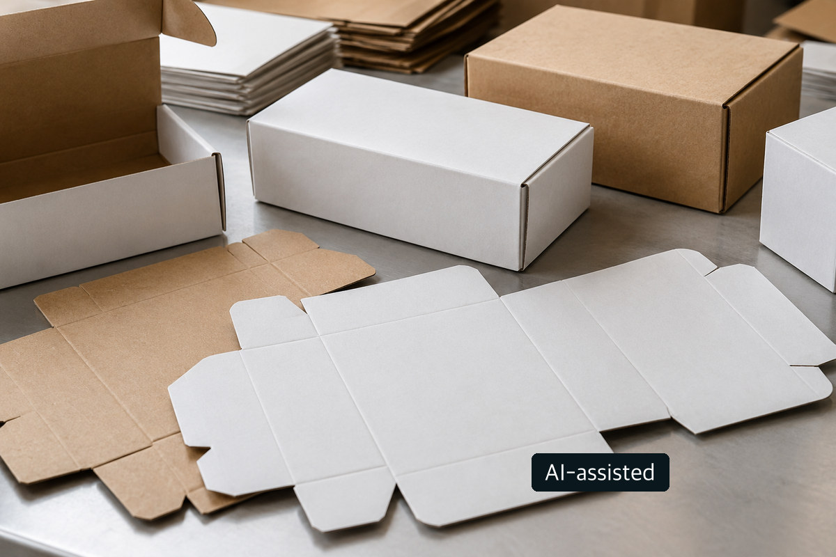 Unbranded carton samples and grains suggesting a conceptual packing process