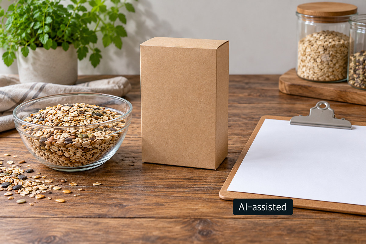Conceptual die-cut paperboard samples and a dimensional inspection setup