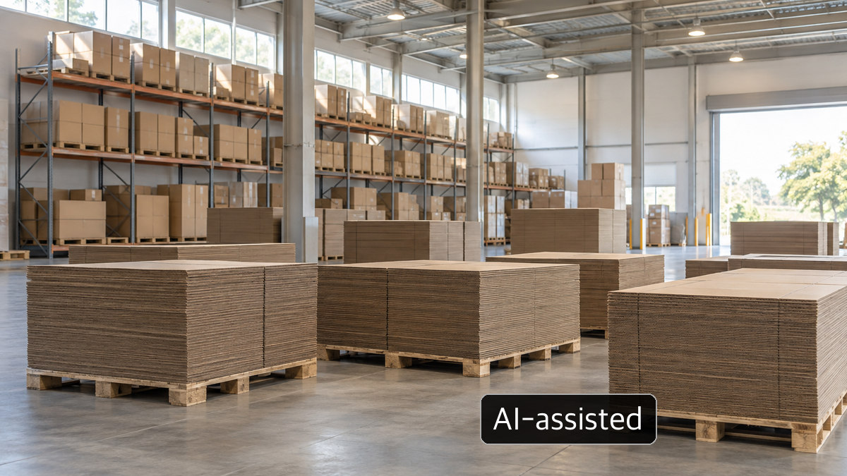 AI-assisted concept showing palletized board stocks in a warehouse; Not actual Rengo stock or facilities.