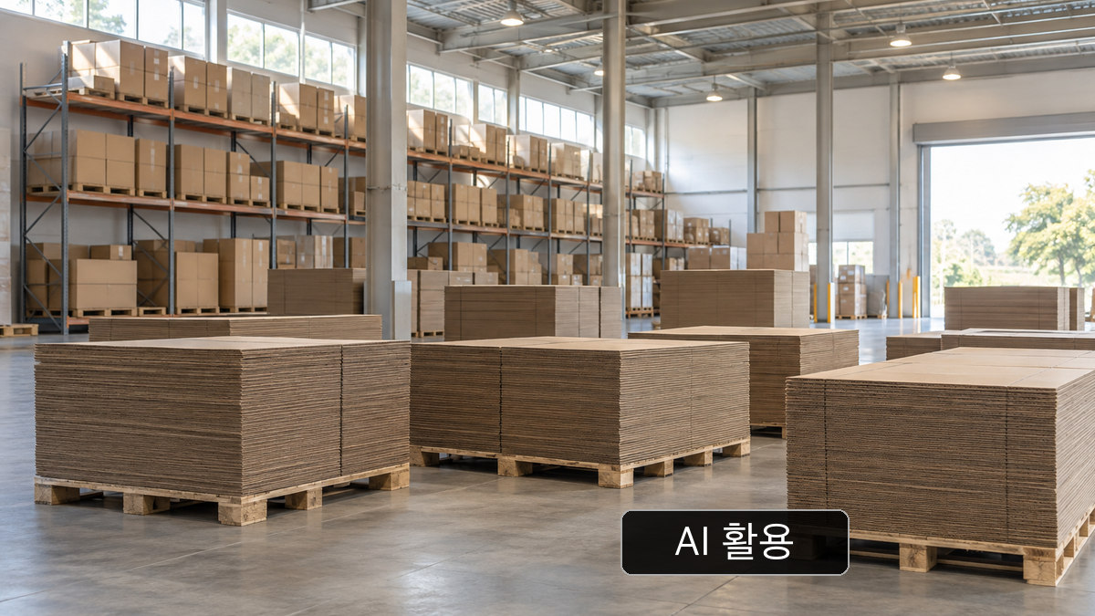 팔레트 위에 쌓인 판지 재고와 창고를 표현한 AI 활용 개념 이미지; 렌고의 실제 제품이나 공장 사진이 아닙니다.