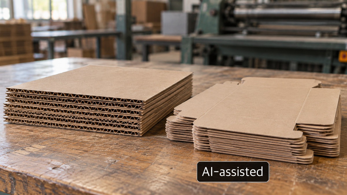 AI-assisted concept: brown corrugated sheets with visible flutes and scored kraft carton blanks; not Rengo products or actual price notices