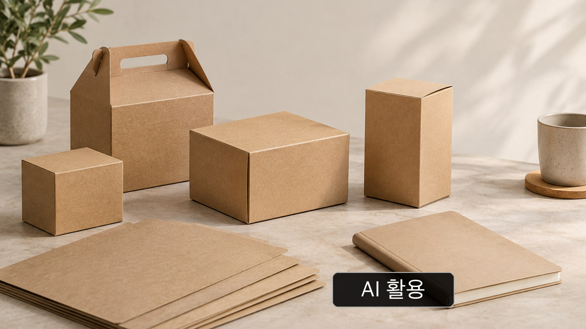 AI 활용 개념 이미지: 다양한 일반 종이 포장 제품; 렌고의 실물 제품·가격표가 아님