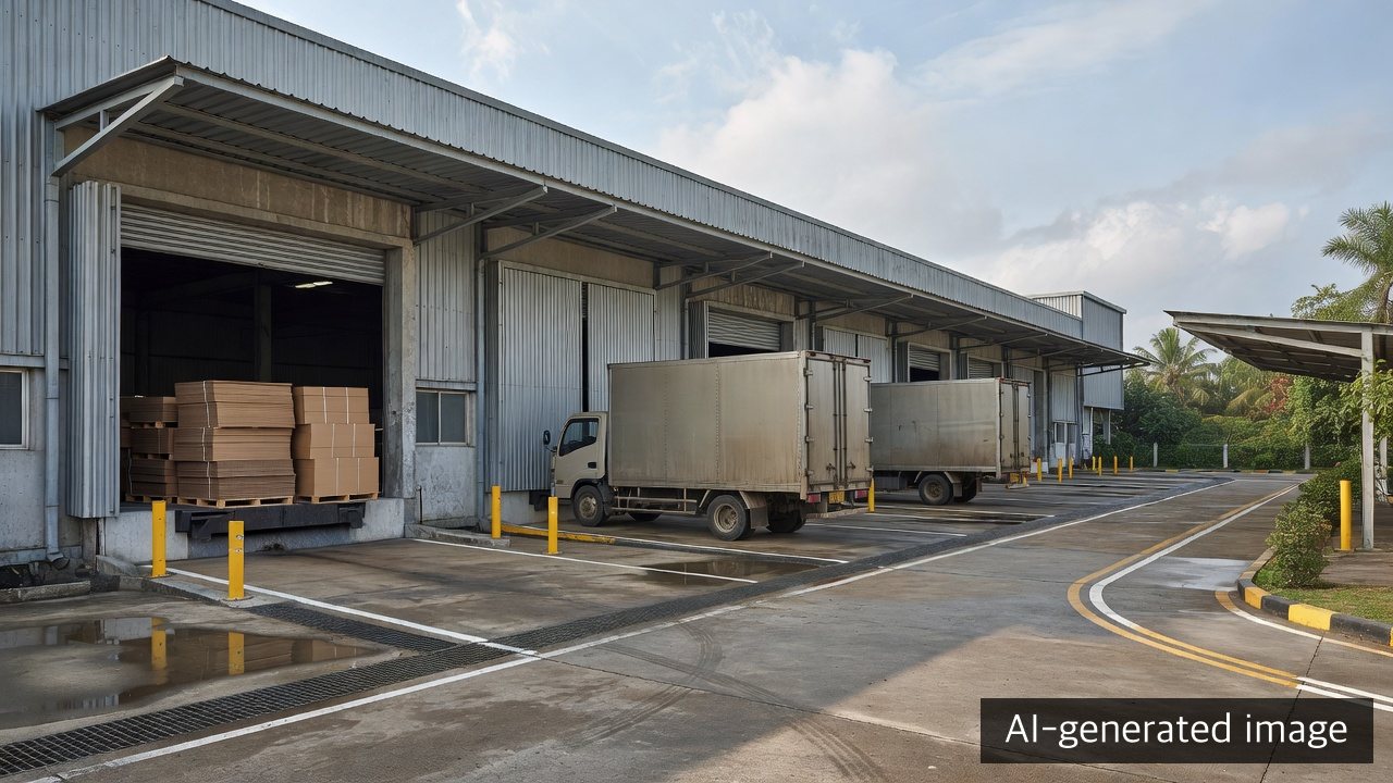 A generic corrugated-packaging factory and delivery vehicles in Thailand — AI-generated image, not a photograph of the Chonburi acquisition target