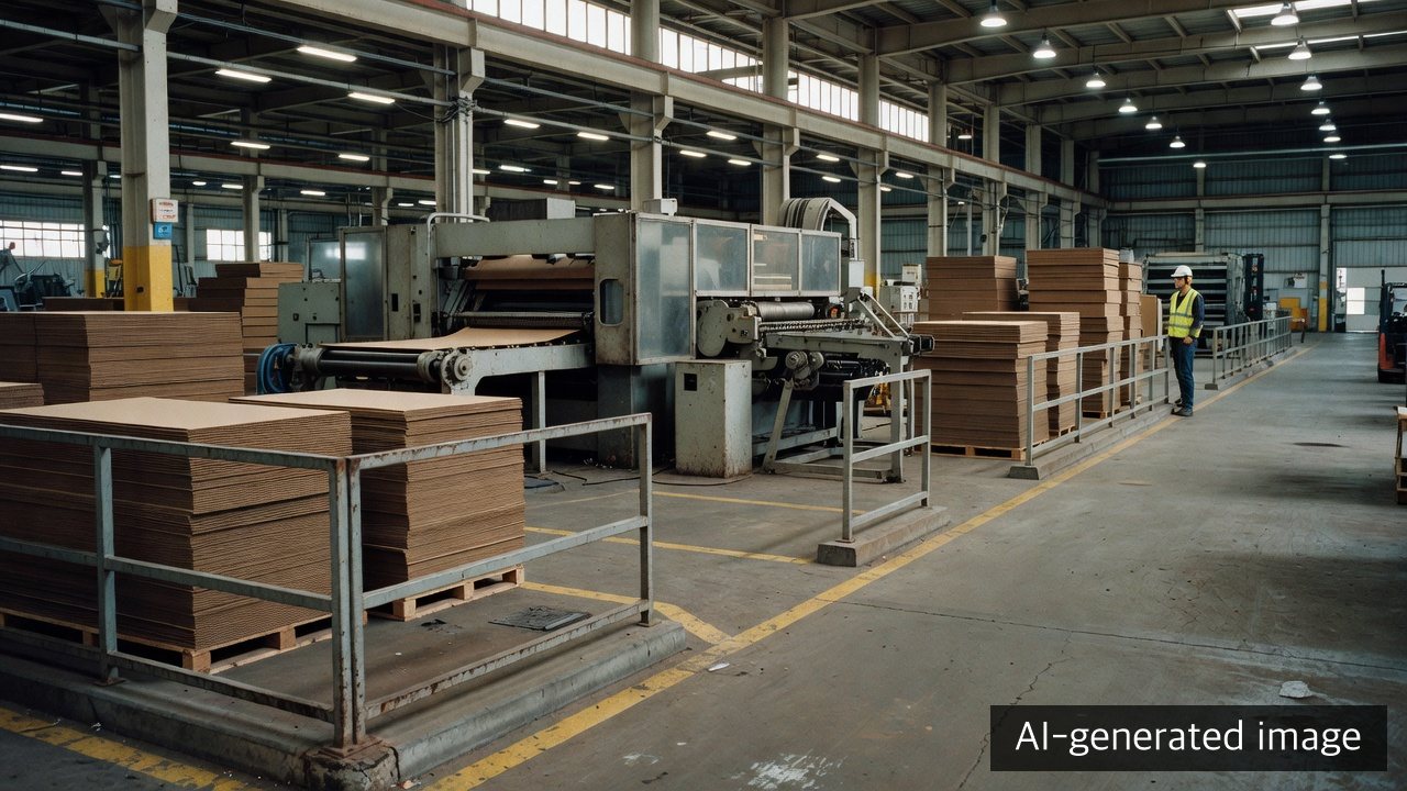 A generic corrugated production line viewed from a protected industrial walkway — AI-generated image, not a photograph of a Jin Zhong Fa or TCG facility