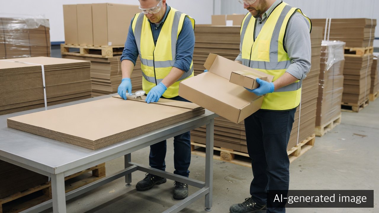Procurement and quality staff checking plain corrugated sheets and cartons in a generic plant inspection — AI-generated image, not an inspection at the Chonburi target company