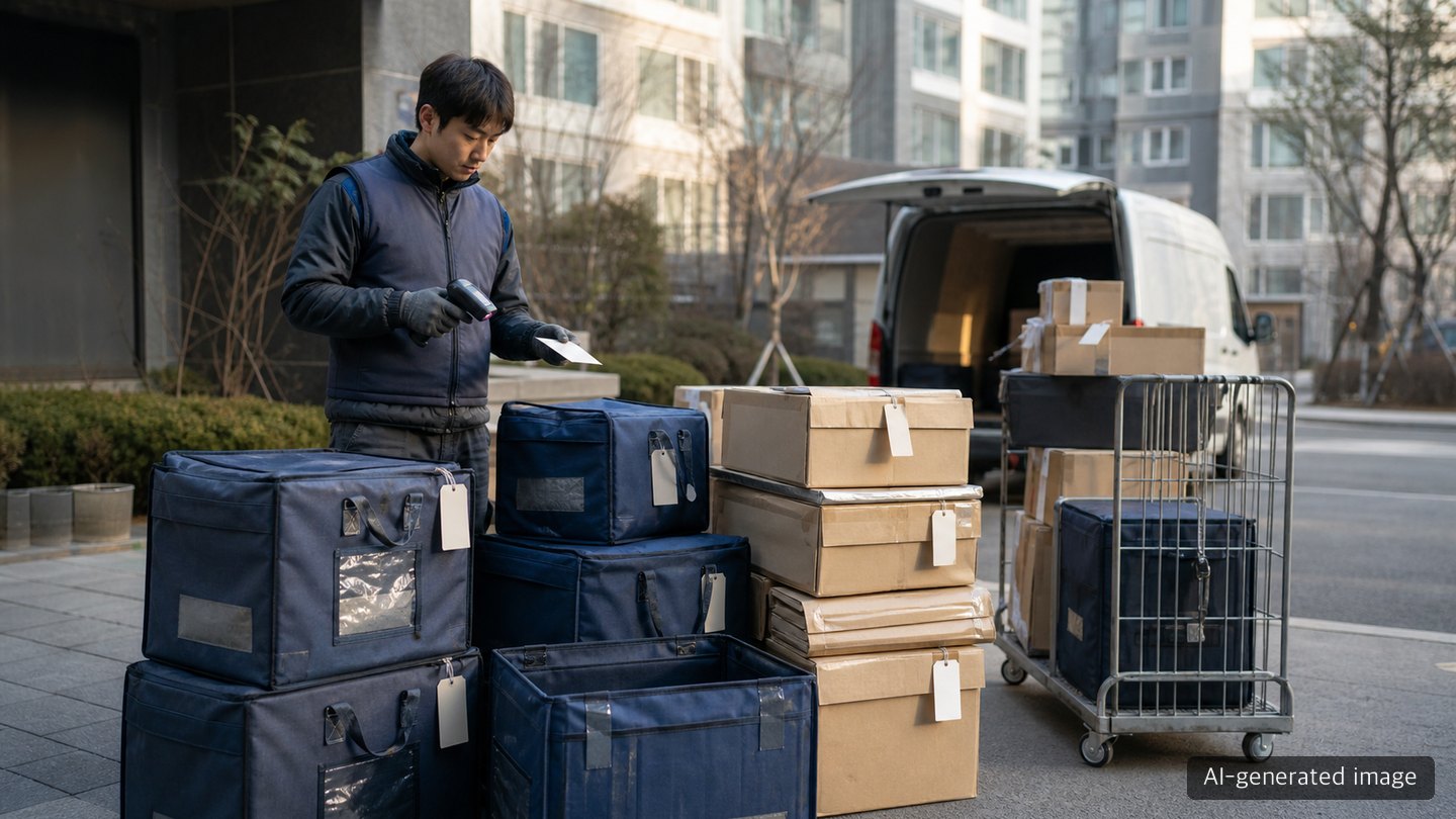 A logistics worker checking reusable parcel packaging collected at a return hub