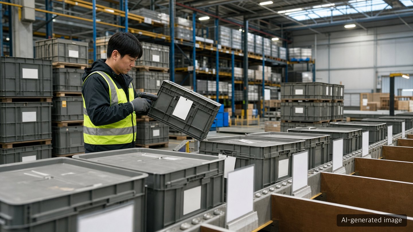 A logistics worker scanning and counting reusable parcel boxes at a return center