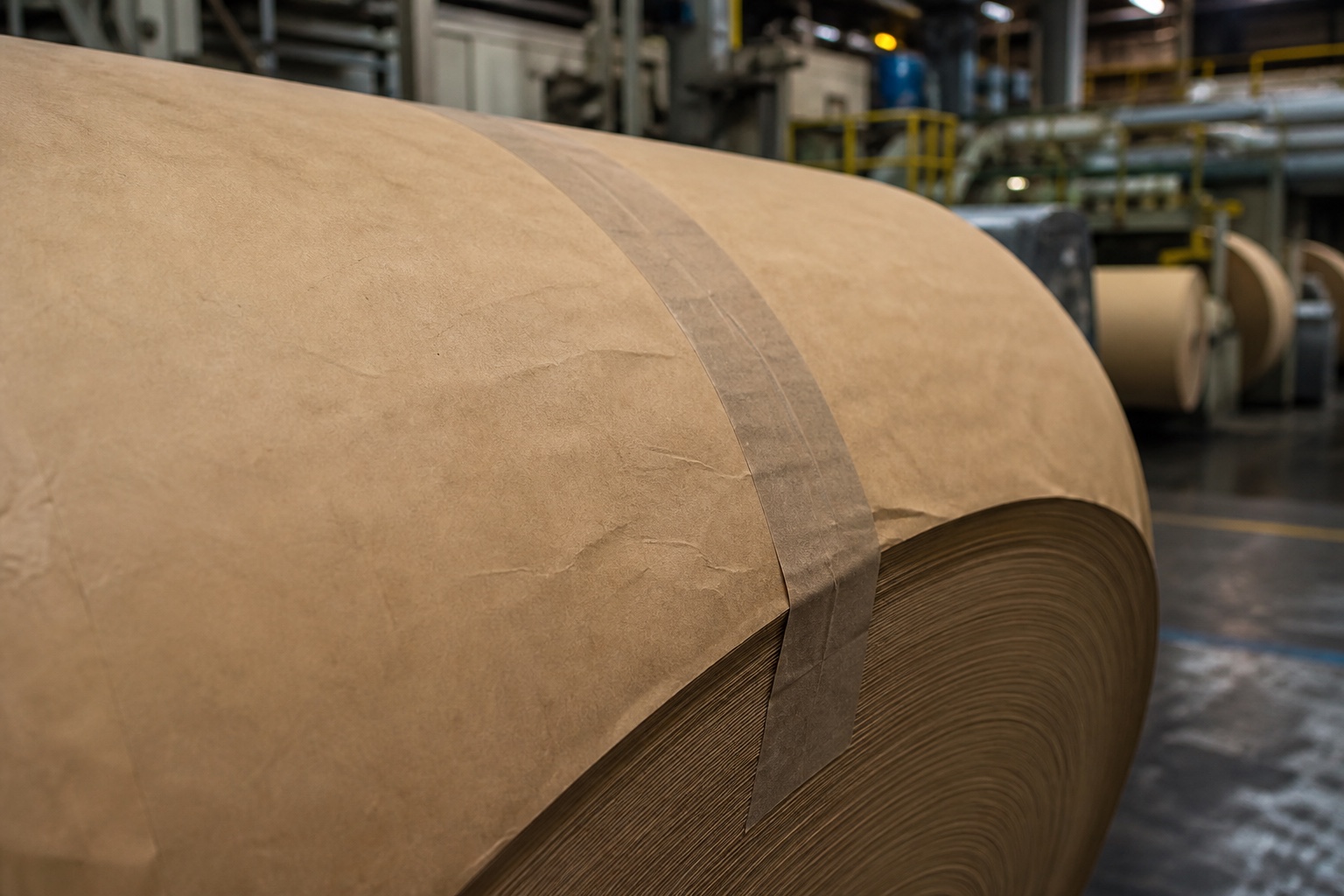 Large paper reel sealed with brown recycled-paper adhesive tape