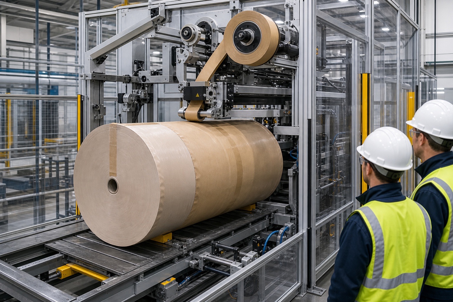 Standard reel-wrapping machine applying linerless paper tape to a large paper reel