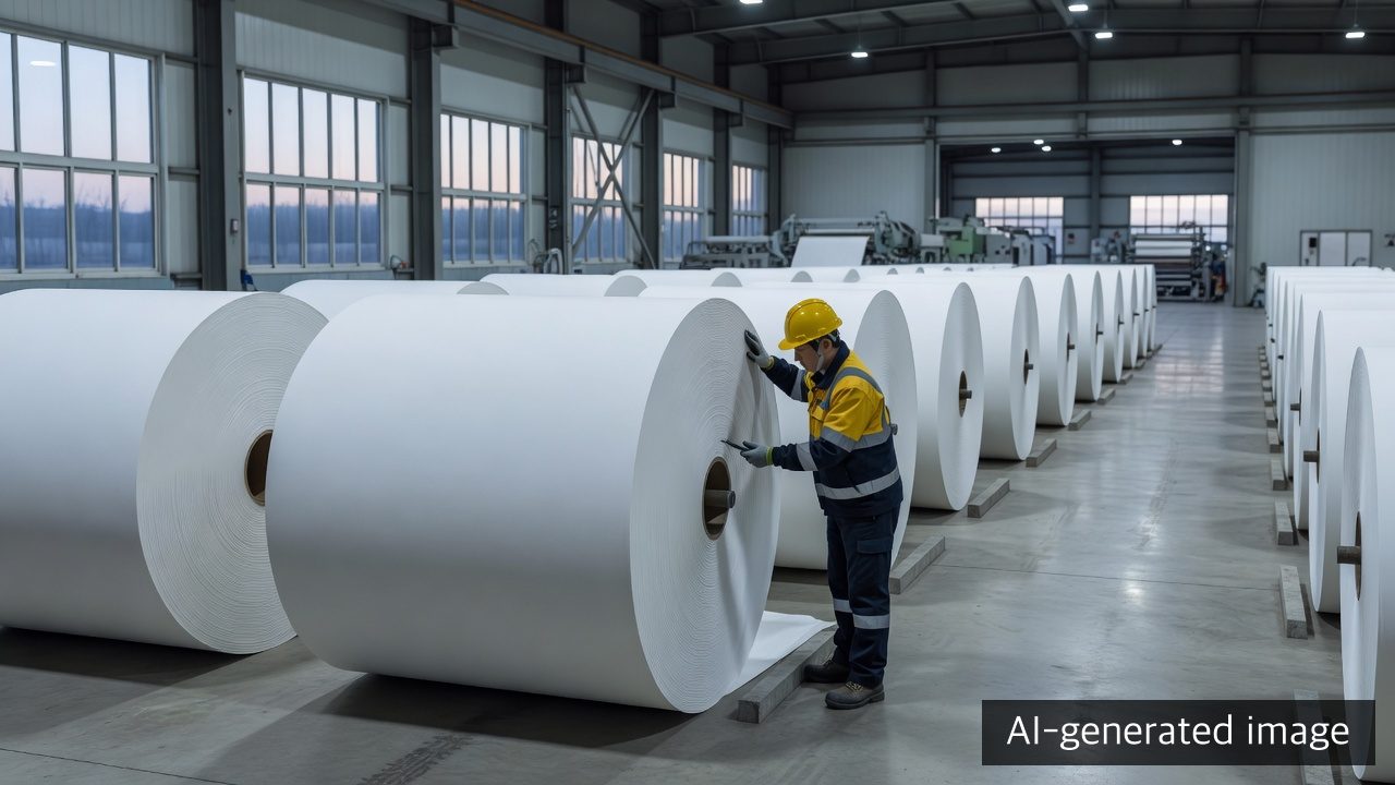 AI-generated illustrative view of a procurement and quality professional inspecting large tissue base-paper reels