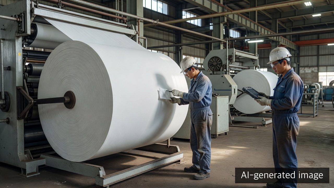AI-generated illustrative view of quality technicians sampling and recording a completed tissue base-paper jumbo reel