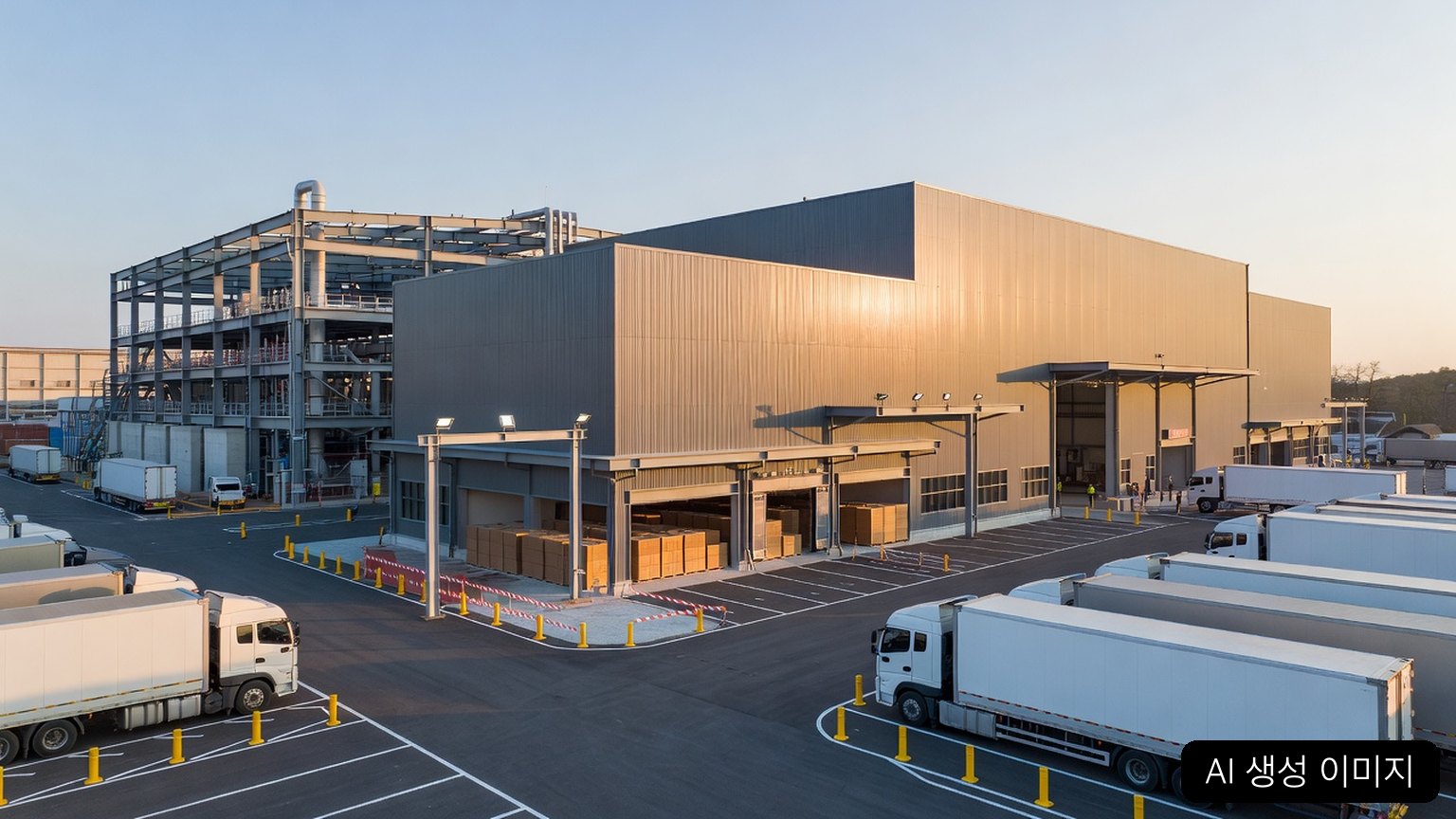 AI-generated image of a modern corrugated packaging plant expansion in Korea, not a photograph of Sambo's Pocheon facility