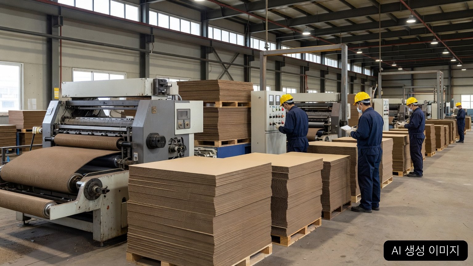 AI-generated image of a generic corrugated packaging line during controlled production ramp-up
